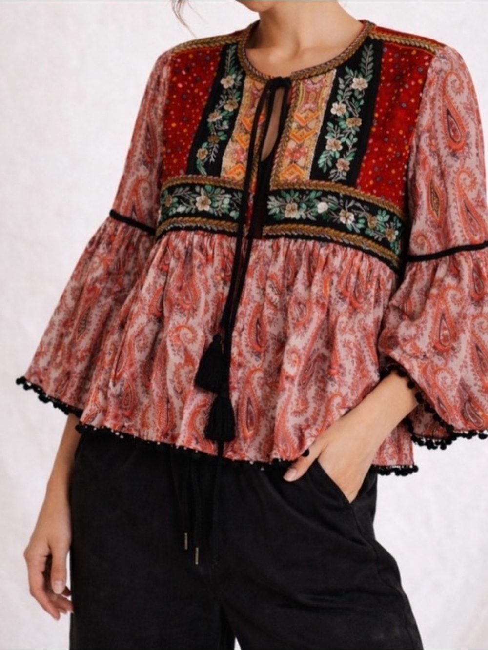 Zara Boho Embroidered Peasant Blouse - Red Paisley
